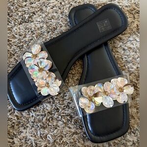 Black Sandals with Crystal Floral Accents